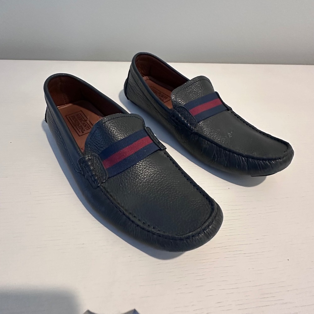 Mercanti Fiorentini Mens Navy Pebbled Leather Striped Driving Loafers 9.5M